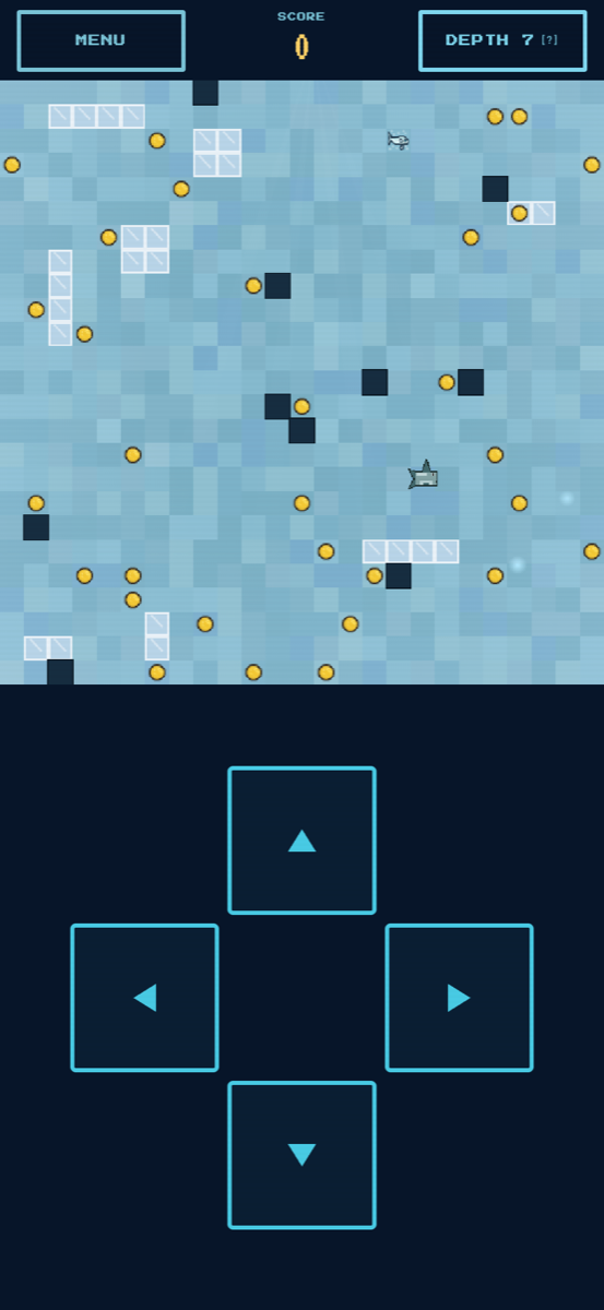 The Arctic depth on a phone: icy blue water with cracked ice patches, gold coins, a frozen fish, dark enemy squares closing in on the shark, and an on-screen d-pad.