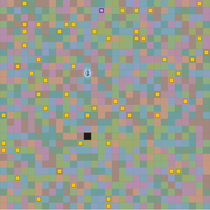 The prototype: a grid of random pastel squares with yellow coins, a black bad guy, and a small shark.